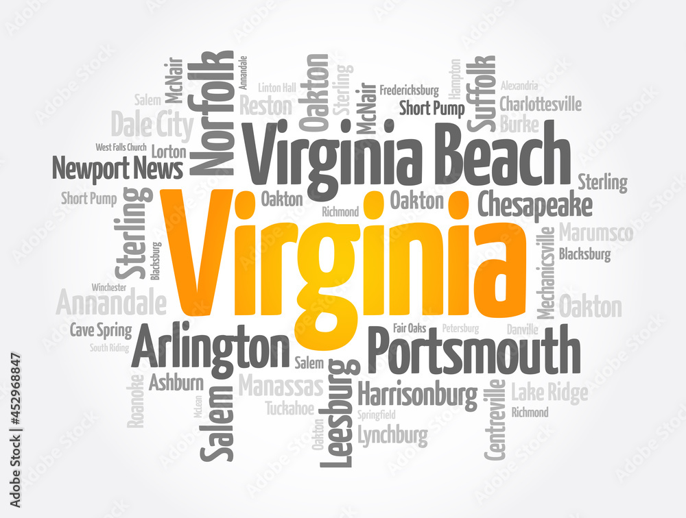 List of cities in Virginia USA state, word cloud concept background List of cities in Virginia USA state, word cloud concept background