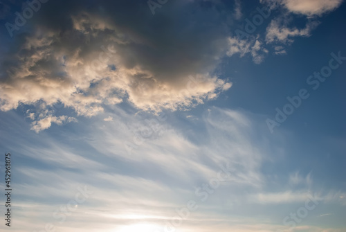 Blue sky with beautiful white heap clouds at sunset.