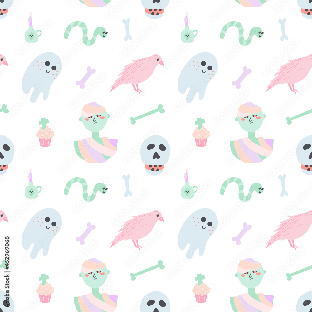 colorful, candle, muffin, scull, crown, raven, pink, ghost, mummy, backdrop, background, bone, bones, cartoon, character, child, childish, cut, cute, doodle, drawing, fabric, funny, green, halloween, 