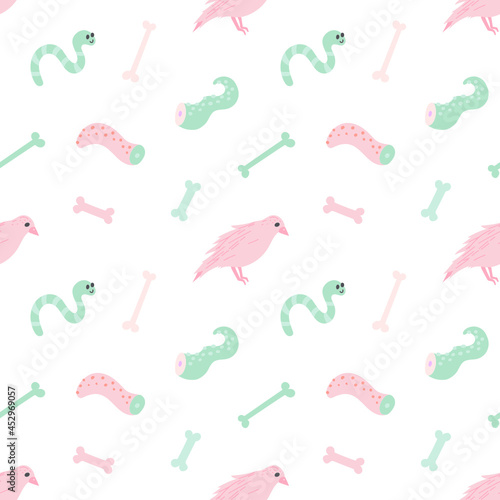 Seamless Halloween pattern with pink raven, severed octopus tentacle and worm. Pastel colors on white background. For prints, backgrounds, wrapping paper, textile, linen, wallpaper, etc. 