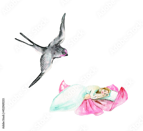 Story of thumbelina, mouse, toad, mole, swallow, water lily, fairies, forest dwellers
