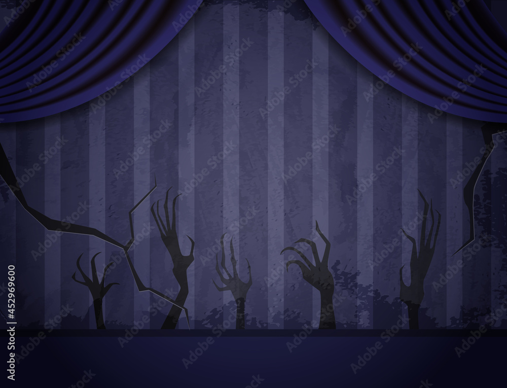 Aged old room with blue striped grunge wallpaper and shadows of creepy hands - obrazy, fototapety, plakaty 