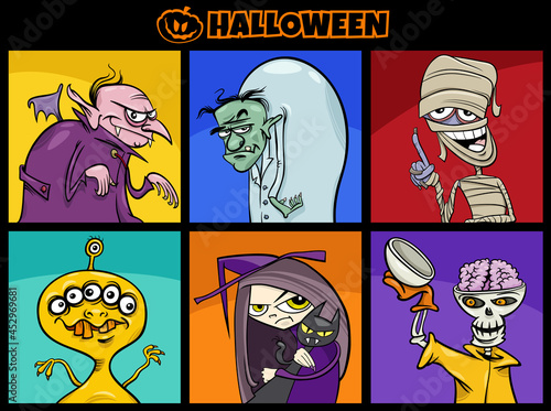cartoon Halloween funny scary characters set
