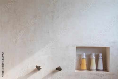 minimal design neutral concrete shower with eco friendly shampoos