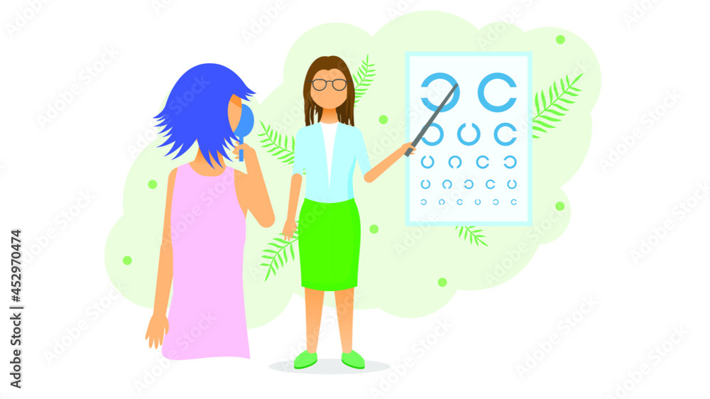 Abstract Flat Woman At The Doctor's Appointment Medic Cartoon People Character Concept Illustration Vector Design Style Healthcare Diagnosis Clinic Vision Test Ophthalmology Abstract Flat Woman At The Doctor's Appointment Medic Cartoon People Character Concept Illustration Vector Design Style Healthcare Diagnosis Clinic Vision Test Ophthalmology