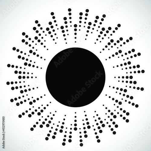 Radial halftone dots in Circle Form for comic books . fireworks Explosion background . Vector Illustration . Sun round Logo . Circular Design element . Abstract Geometric half tones . Sunburst 