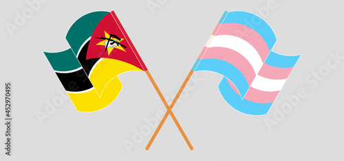 Crossed and waving flags of Mozambique and Transgender Pride