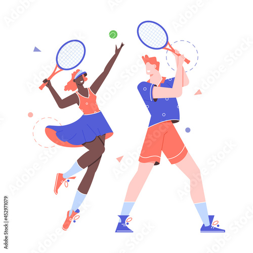 Sports characters play tennis. Active healthy lifestyle. The coach and his student. Man and woman with rackets. Vector flat illustration.