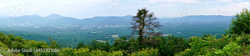 Panoramic view from the Devils Backbone overlook on the Blue Ridge Parkway in Virginia. Cahas Mountain, Blackwater Valley, Grassy Hill, Cahas Knob, and Pine Spur. 