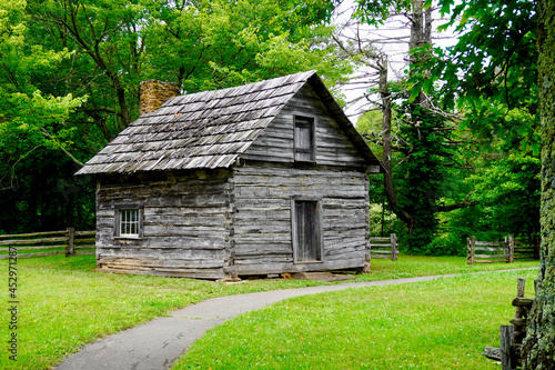 The Puckett cabin at Groundhog Mountain on Blue Ridge Parkway. Historic cabin was home of legendary midwife Orlean Hawks Puckett. Appalachian woman also known as Aunt Orlean. Carroll County  Virginia.
