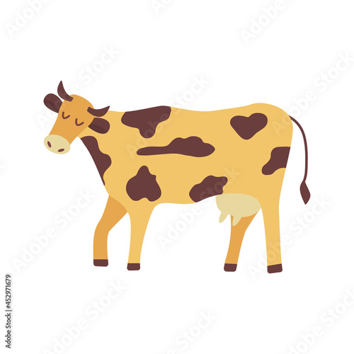 Cute cow walk. Household, farming. Large animal, dairy farm, cattle. Vector colorful hand drawn isolated illustration