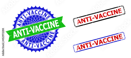 Bicolor ANTI-VACCINE seal stamps. Blue and green ANTI-VACCINE stamp with sharp rosette and ribbon. Rounded rough rectangular framed ANTI-VACCINE seal stamps in red, blue, black colors,