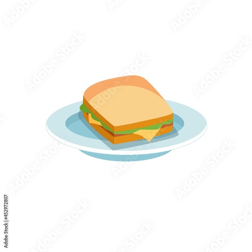 Vector cartoon flat sandwich on plate isolated on empty background-balanced diet,healthy eating and food cooking concept,web site banner ad design