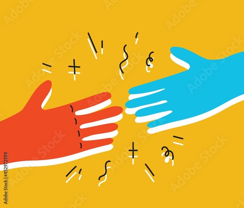 Help and empathy concept two hands helping one another vector simple minimal illustration, friendship understanding, support.