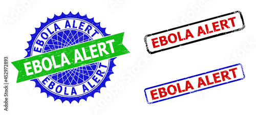 Bicolor EBOLA ALERT seals. Blue and green EBOLA ALERT seal with sharp rosette and ribbon. Rounded rough rectangle framed EBOLA ALERT seals in red, blue, black colors, with grunged style.
