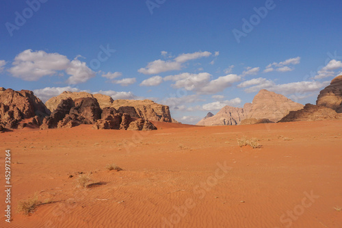 a sandy plain in the Wadi Rum desert, beautiful red relief mountains are on the horizon, a few white clouds are in the blue sky, a few dry bushes are on the sand
