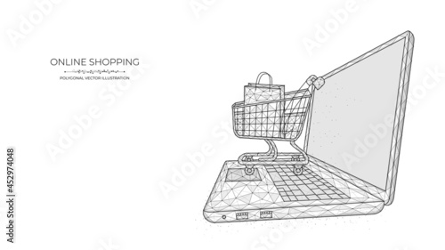 Online shopping. Polygonal illustration of a laptop and a shopping cart on a blue background. Ecommerce store concept.