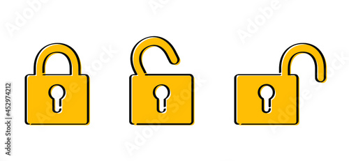 Security symbol. Padlock icons. closed, half open and open icon. closed lock, opened lock, keyhole in head, Flat vector locks signs. Close or open padlocks.