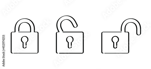 Security symbol. Padlock icons. closed, half open and open icon. closed lock, opened lock, keyhole in head, Flat vector locks signs. Close or open padlocks.