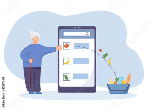 Old woman buys food product online by smartphone in application. Easier way of shopping without heavy bags bit by delivery. 