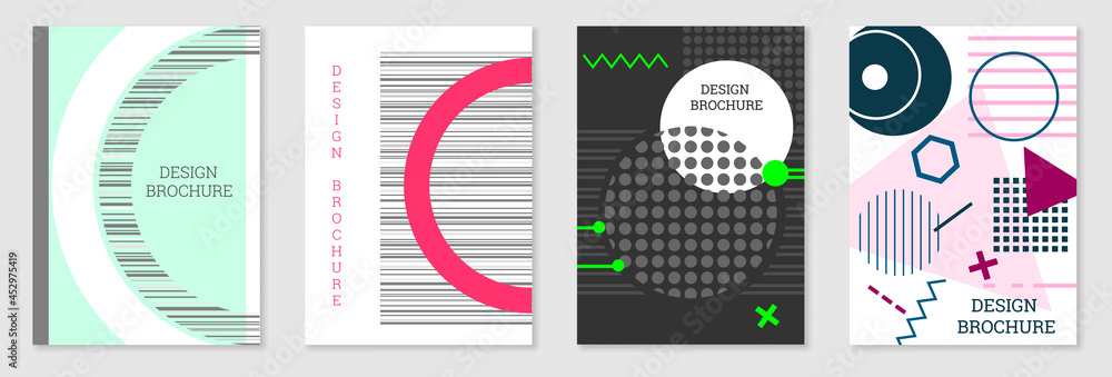 Set of cover design in Memphis style. Geometric design, abstract background. Fashionable bright cover, banner, poster, booklet. Creative colors. Set of cover design in Memphis style. Geometric design, abstract background. Fashionable bright cover, banner, poster, booklet. Creative colors.