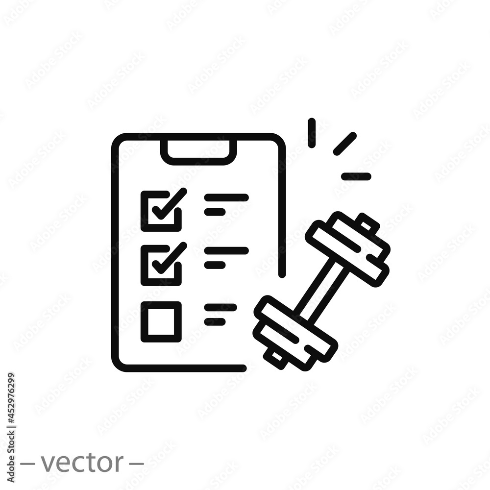 personal workout plan icon, fitness exercise list, program gym training, checklist or diary schedule athlete, thin line symbol on white background - editable stroke vector illustration personal workout plan icon, fitness exercise list, program gym training, checklist or diary schedule athlete, thin line symbol on white background - editable stroke vector illustration