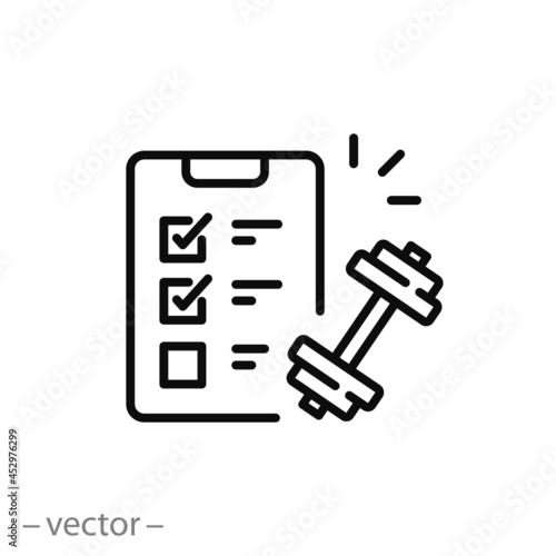 personal workout plan icon, fitness exercise list, program gym training, checklist or diary schedule athlete, thin line symbol on white background - editable stroke vector illustration