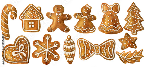A collection of watercolor illustrations, Christmas gingerbread. Design element, clipart.