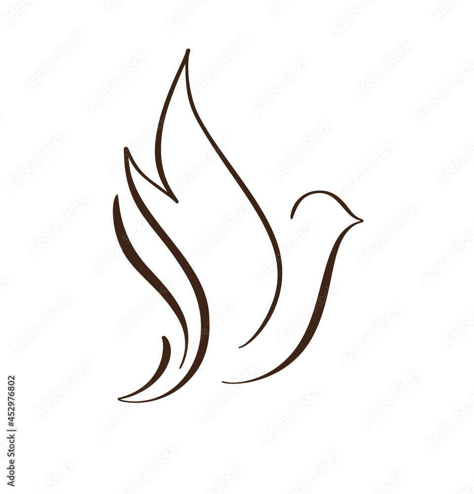 Calligraphy brush line drawing dove bird. Flying pigeon logo. Black and white vector illustration. Concept for icon card, banner poster, flyer Calligraphy brush line drawing dove bird. Flying pigeon logo. Black and white vector illustration. Concept for icon card, banner poster, flyer