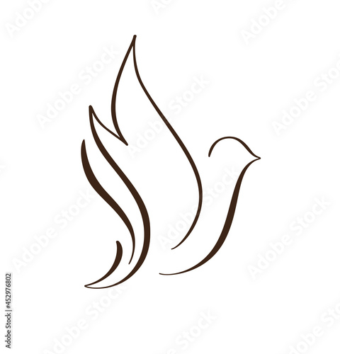 Calligraphy brush line drawing dove bird. Flying pigeon logo. Black and white vector illustration. Concept for icon card, banner poster, flyer