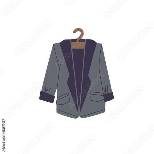 Vector cartoon flat fashionable blazer on clothes hanger.New trendy beautiful apparel isolated on empty background-clothing store,shopping and fashion concept,web site banner ad design