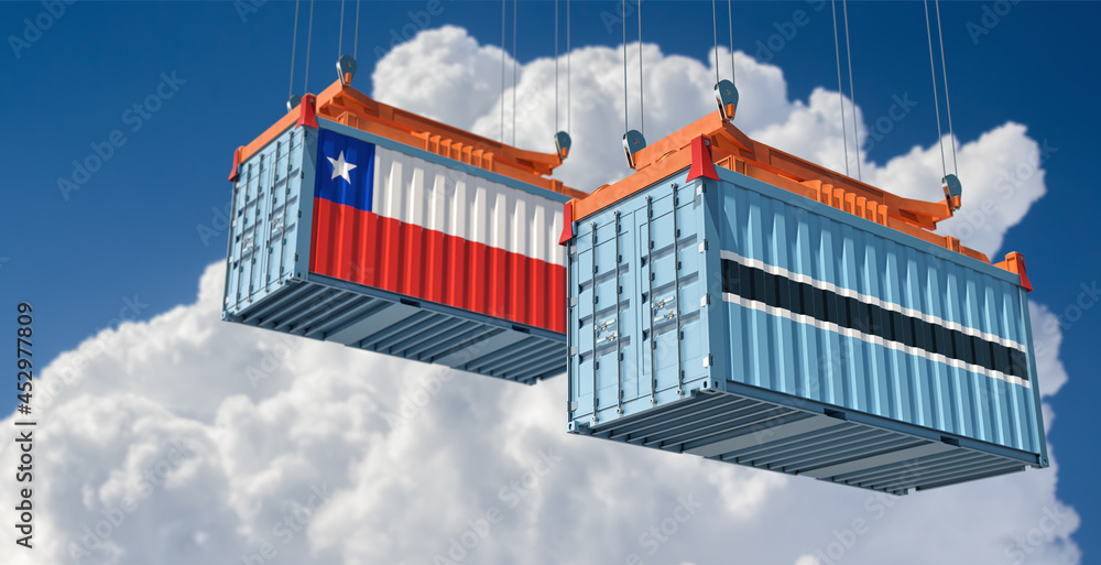 Freight containers with Chile and Botswana national flags. 3D Rendering 