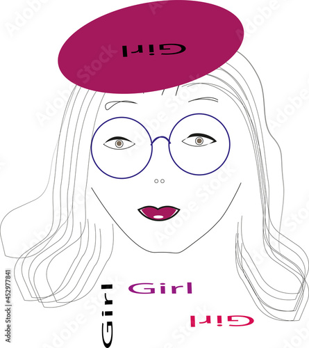 Girl`s face in a raspberry beret. Vector image for business cards, optics and hairdressers.