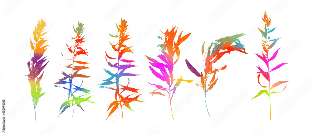 The object is a graceful multicolored twig with leaves. Set of rainbow beautiful twigs. Mixed media. Vector illustration The object is a graceful multicolored twig with leaves. Set of rainbow beautiful twigs. Mixed media. Vector illustration