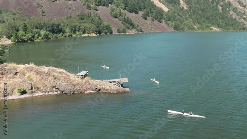 Aerial: Rowing on Drano Lake next to the Columbia River. Washington, USA photo