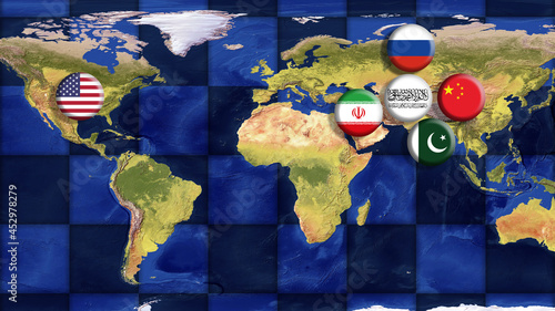 Flags of USA, China, Russia, Iran, Pakistan, and Taliban-controlled Afghanistan on World Map with Chessboard Strategy Concept