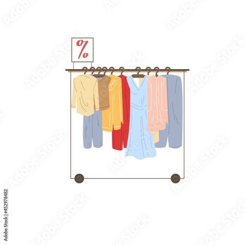 Vector cartoon flat clothes rack with different fashionable outfit.Dresses and blazers at discount prices isolated on empty background-clothing store concept,web site banner ad design