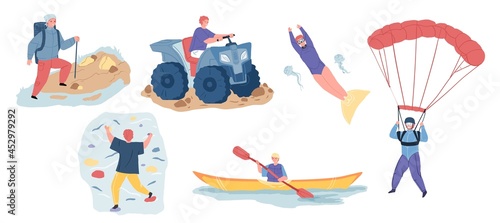 Set of vector cartoon characters in outdoor activities scenes,they ride ATV,do diving and rock climbing,parachute jumping,trekking,kayaking-sporty healthy lifestyle concept,web site banner design