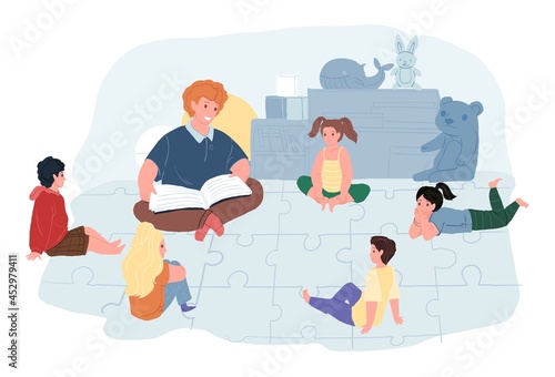 Vector cartoon flat kid characters in kindergarten listen with enthusiasm and interest to teacher who reads book story aloud-social communication,happy childhood,child preschool education concept