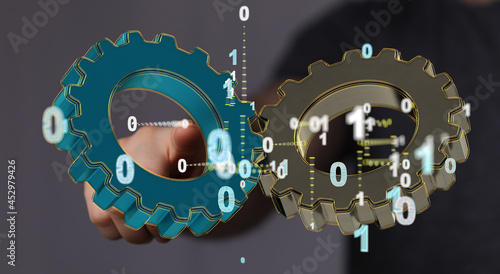 businessman hand draws gear...