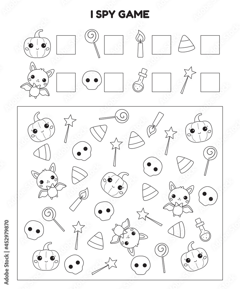 Halloween I spy printable worksheet. Educational game for kids. Coloring page. Cute cartoon pumpkin, bat, sweets, candle and potion. Searching and counting activity page. Vector illustration.