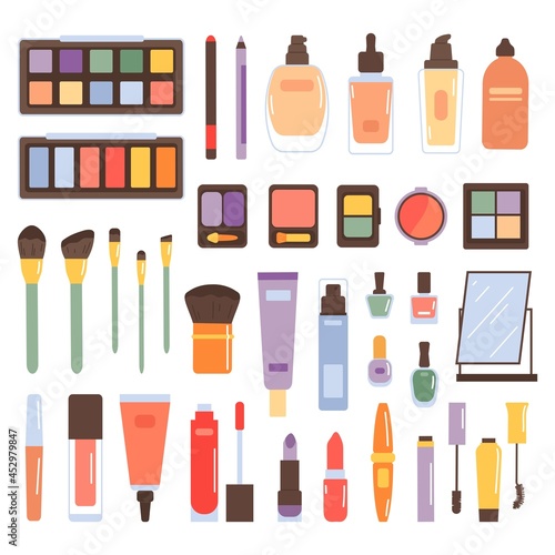 Makeup cosmetics set isolated on white background. Cosmetics for mascaras, brushes, shadows, powder, varnishes, eyebrow pencil, lipstick, foundation.Beauty products. Vector illustration in flat style.