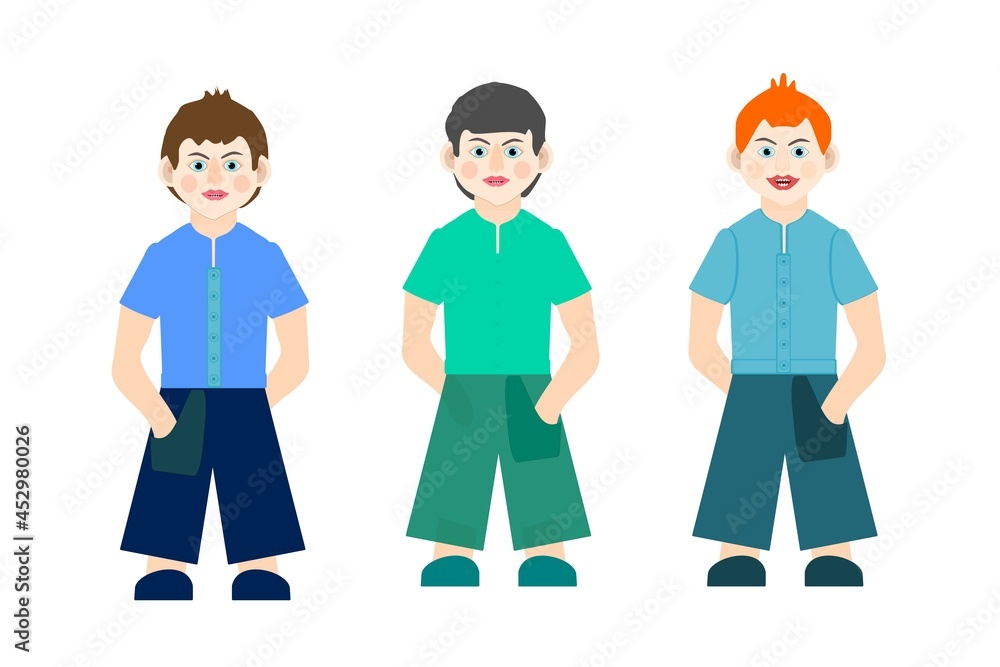 Drawing of boys, three characters in colored clothes, different appearance on a white background for creativity and printing Drawing of boys, three characters in colored clothes, different appearance on a white background for creativity and printing