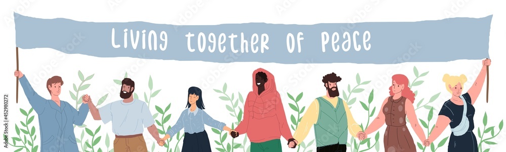 Vector cartoon flat happy smiling characters of different status and races holding hands-people equality,diversity and peace day,international friendship and solidarity social concept,web site design Vector cartoon flat happy smiling characters of different status and races holding hands-people equality,diversity and peace day,international friendship and solidarity social concept,web site design