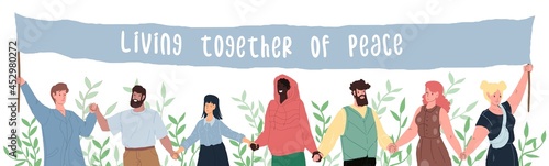 Vector cartoon flat happy smiling characters of different status and races holding hands-people equality,diversity and peace day,international friendship and solidarity social concept,web site design