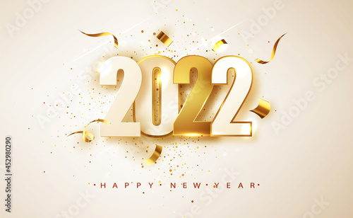 Happy New Year 2022. White and golden numbers on white background. Holiday greeting card design