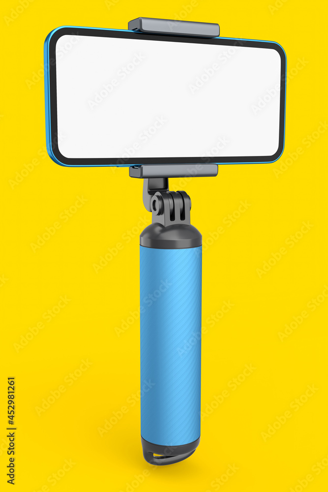 Obraz premium Realistic smartphone with blank white screen and selfie stick isolated on yellow