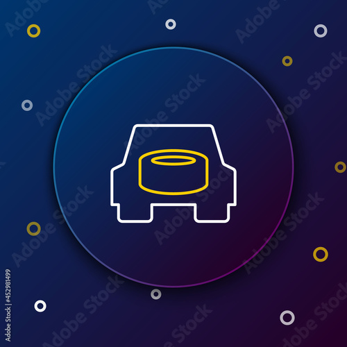 Line Spare wheel in the car icon isolated on blue background. Process of replacing the wheel. Storage location of the spare wheel in the trunk. Colorful outline concept. Vector