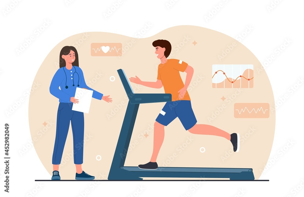 Cardio control concept. Man runs in gym and doctor monitors and controls pulse and heart rhythm. Training of cardiovascular system. Cartoon modern flat vector illustration isolated on white background