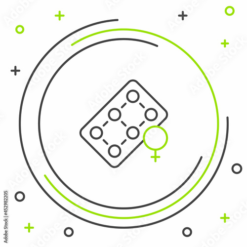 Line Packaging of birth control pills icon isolated on white background. Contraceptive pill. Colorful outline concept. Vector